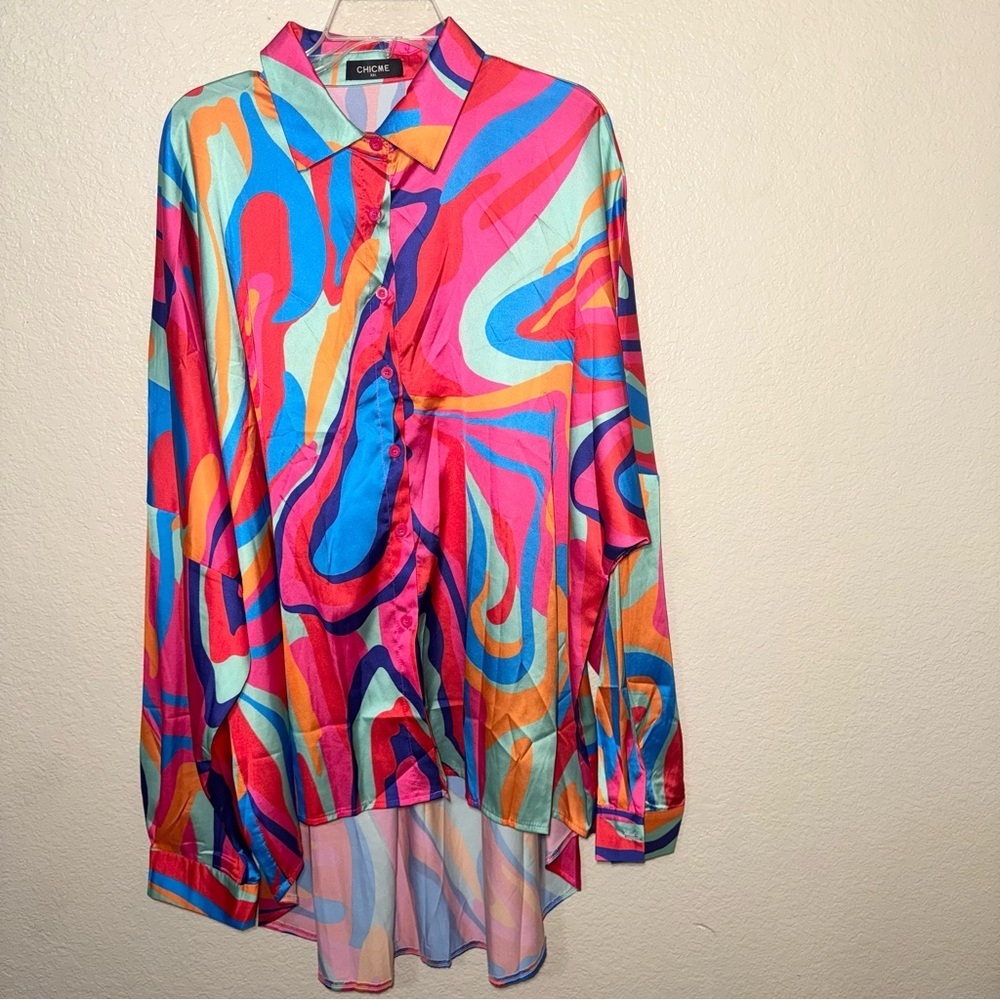 Chicme Abstract Print Button Down Shirt Women’s XXL Oversized High Low Artsy